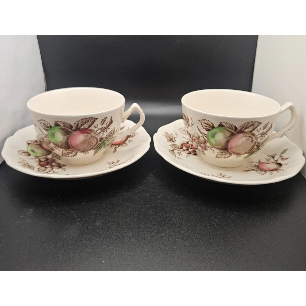 Vintage Johnson Bros Harvest Time England 2 Cup & Saucer Sets Fruit Crazing